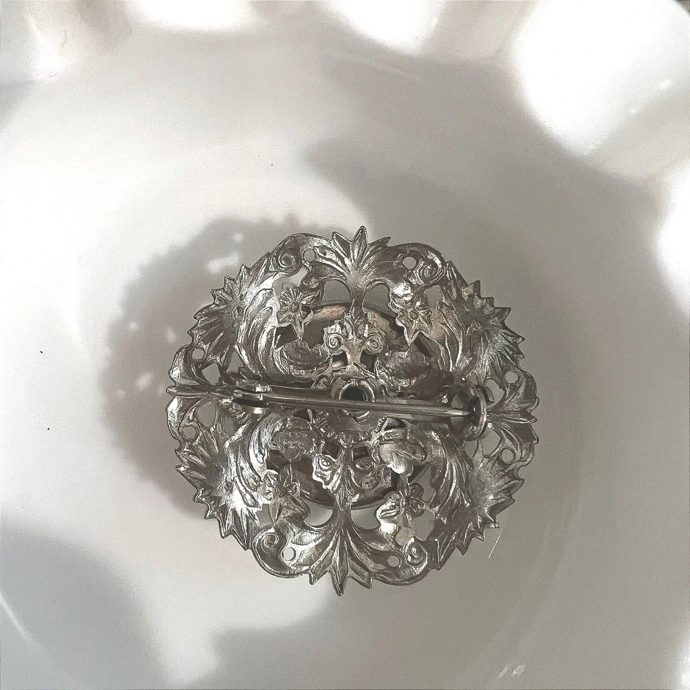 Vtg‎ Victorian Style Silver Turquoise Blue Cabochon Floral Filigree Brooch Pin